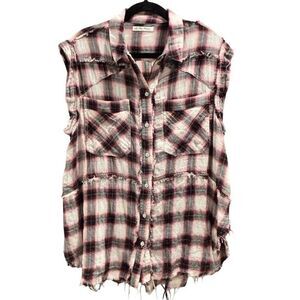 Free People Women's Plaid Sleeveless Button-Up Shirt Red Size M